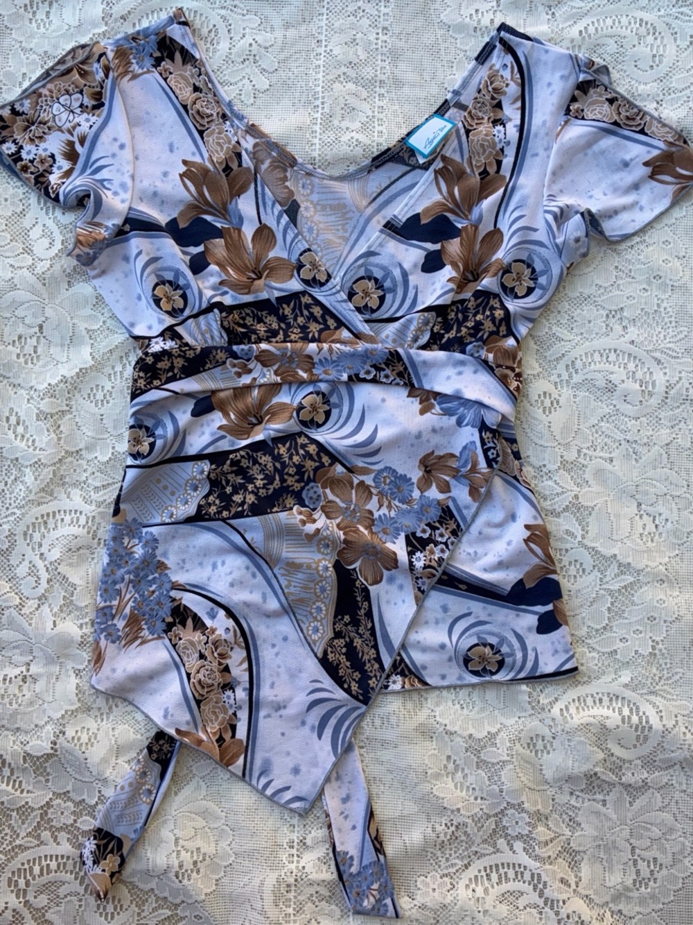 a'gaci Floral Wrap V-Neck Top in Blue and Brown